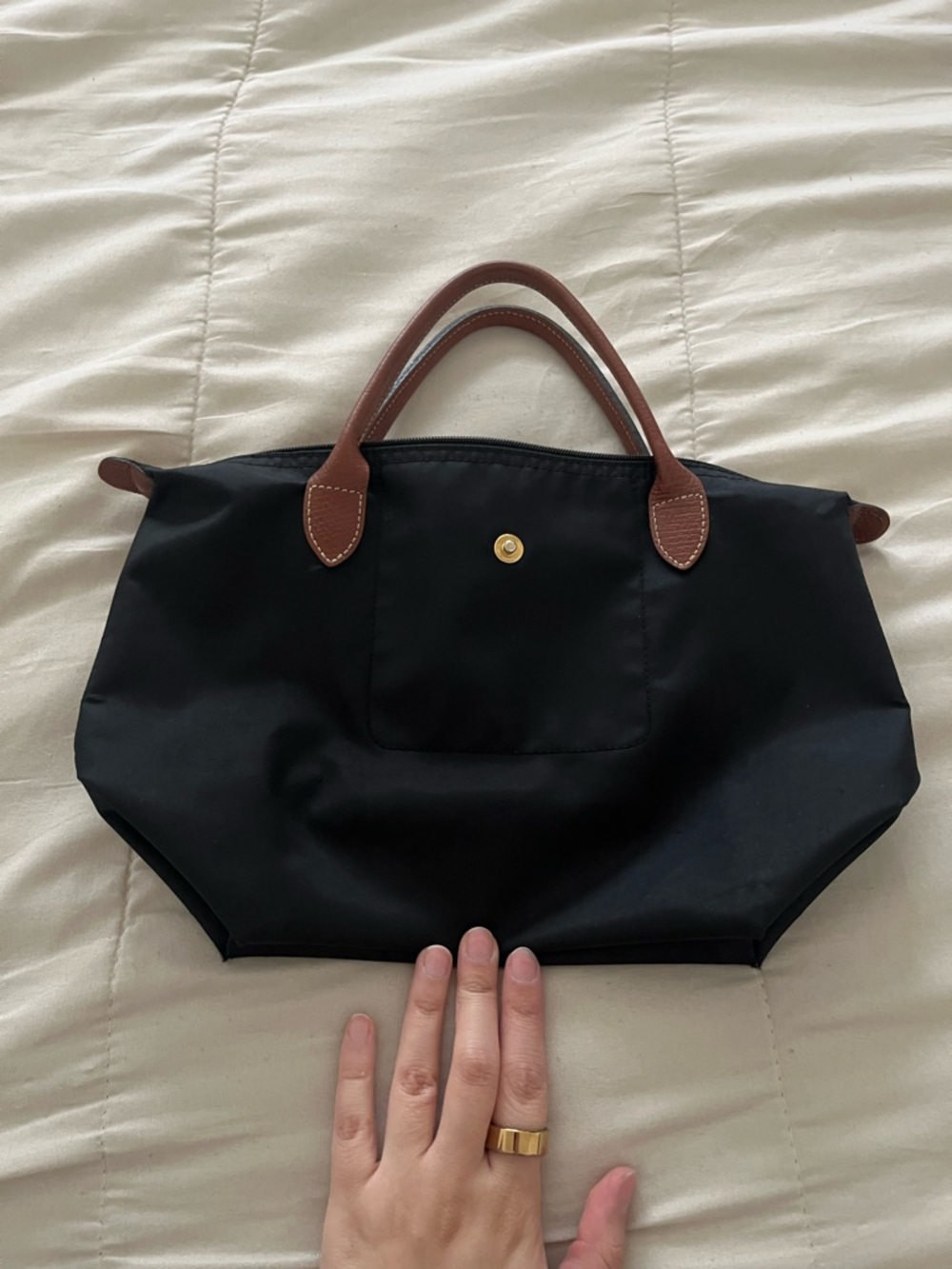 Longchamp Black Nylon Tote with Brown Leather Handles
